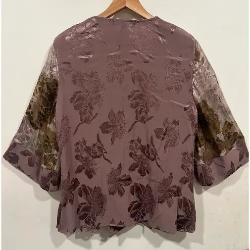 Y2K Kimono Cardigan Jacket Taupe Gray Lace Asian Rayon Toggle Purple Size M