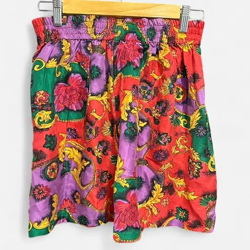 Vintage 90s 100% Silk Baroque Floral Scroll Shorts Rare Statement Piece Small Red