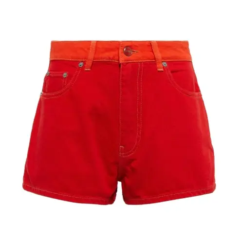 Ganni Colorblock High Rise Denim Shorts in Red/ Orange