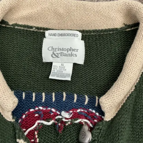 Christopher & Banks Vtg Hand-Embroidered Heart – Forest Green Folk Art SweaterXL