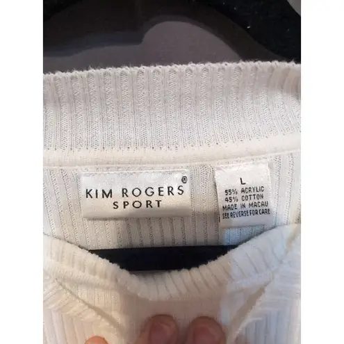 Kim Rogers Sport White Ribbed Knit Mock Neck, Women's Large Top, Short Sleeve