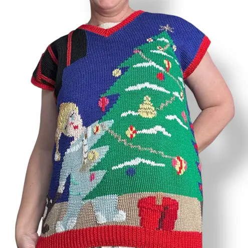 Vintage Berek 80s Hand Knit Christmas Vest Santa Tree Scene Pima Cotton Festive Blue Size L