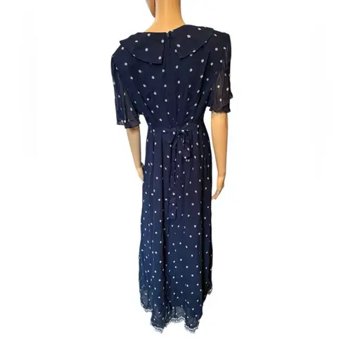Plaza South Vintage 90s Navy Blue Embroidered Floral Peter Pan Pleat Maxi Dress Size 12