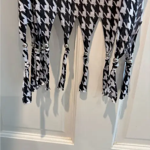 Black & White Houndstooth Scarf Silver Elephant Decorative Fringe