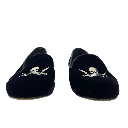 Jon Josef Black Velvet Gatsby Embroidered Skull Flat Loafers Shoes Size 7.5