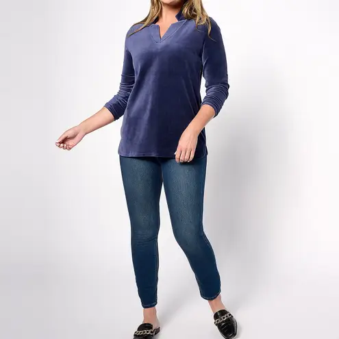 Denim & Co New Velour Notch Neck Long Sleeve Top Navy Blue Size Medium