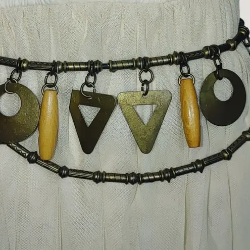 Geometric Shape Charm Belt Vintage Brass Wood Versatile Adjustable Chain Closure Size 36