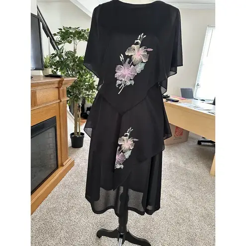 VTG 70s Gilberti Handkerchief Hem Floral Chiffon Semi Sheer Dress Fits Medium Black