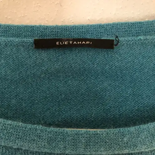 Elie Tahari Cashmere Sweater Teal Braided Sleeve Boat Neck GUC Sz S (?) See Dsx