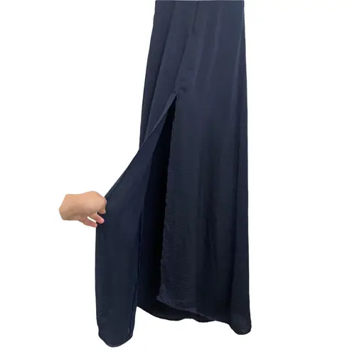 Capulet Navy Deep V-neck Maxi Satin Dress High Slit Size Small