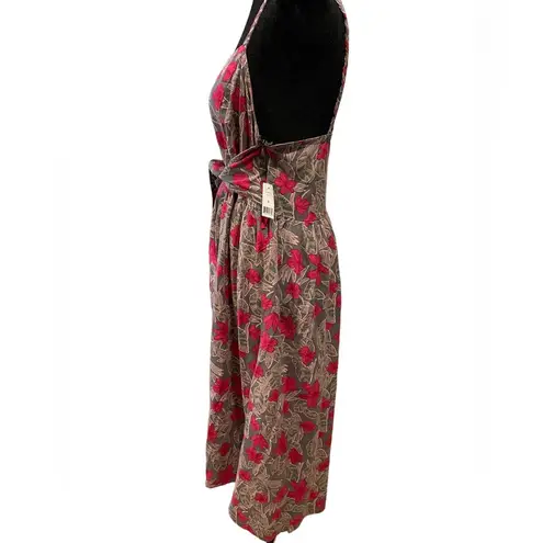 NEW Dip Pink Gray Tropical Artsy Floral Linen Sleeveless Tie Waist Midi Dress
