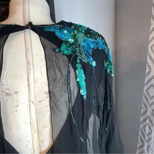 Casadei 1980s Black Ruched Turquoise Sequined Gatsby Deco Flapper Dress Cape 12