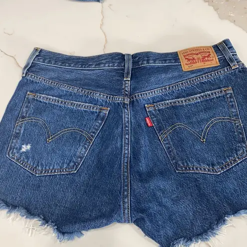 Levi's  Women's Dark Wash 501 Cut Off Destroyed Button Up Denim Shorts 28