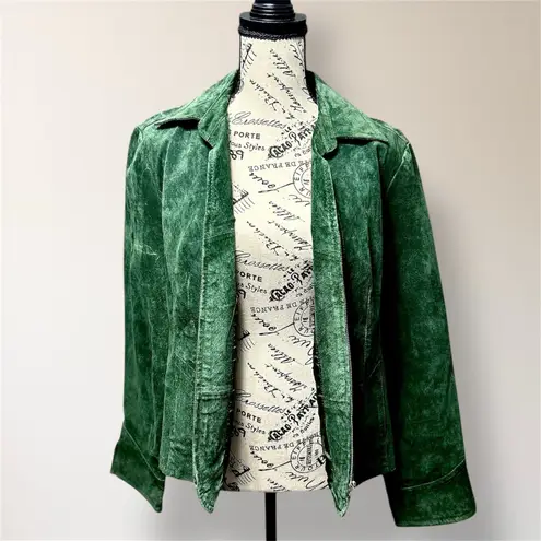 A.M.I. Green Suede Leather Jacket Zip Front Forest Wash Vintage Y2K Western Moto Size L