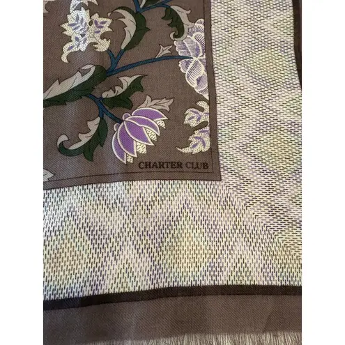Charter Club 100% Wool Floral Print Square Scarf Fringe Edge Trim Brown