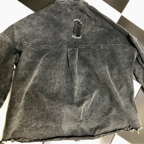 Distressed Denim Faded Black Jean Jacket Denim Button Front Raw Hem Oversized L Size L