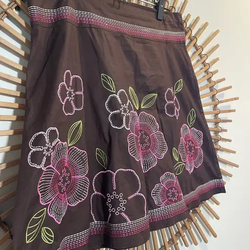 Heart soul Women’s Y2K Floral Embroidered Skirt Brown w/ Pink Flowers A-Line