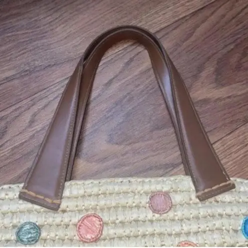 EUC capelli straw Rattan brown handled polka dot, purse bag Blue