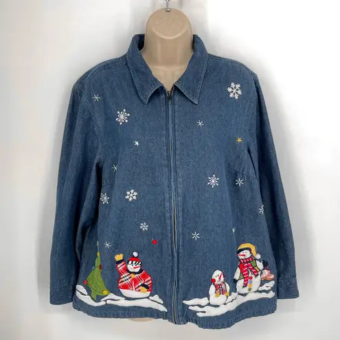 Fashion Bug Vintage  Blue Jean Christmas Snowman Zip Front Jacket Womens 14/16 W