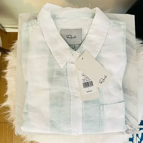Rails Women's Charli Awning Stripe Linen Blend Blouse, Large, White/Blue, NWT