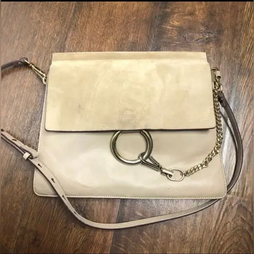Chloé Chloe Faye Medium Bag Purse Shoulder Suede Leather Gray Taupe Tan Chain Italy