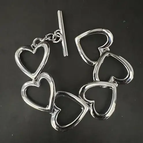 Monet  Open Heart Link Statement Bracelet SIlver Tone Toggle Cuff Boho Chic Chunk