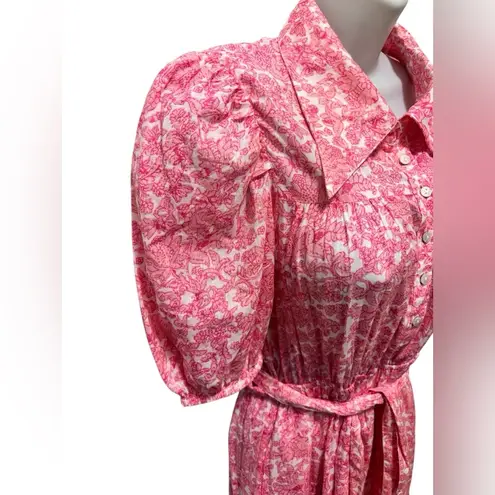 Elan Cotton Tiered Shirt Dress Pink Floral M Belted Puff SS Prairie Cottagecore