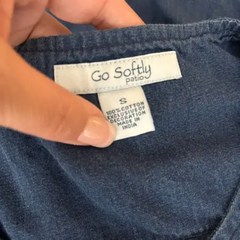 Go Softly Patio Blue Embroidered Denim Dress Small Zip Front Short Sleeves