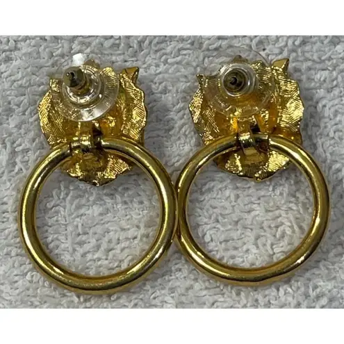 VTG Gold Tone Lion Door Knocker Earrings Post Pierced Statement