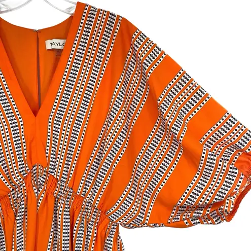 Taylor Stripe Print Orange Fit and Flare Dress Elbow Sleeve V