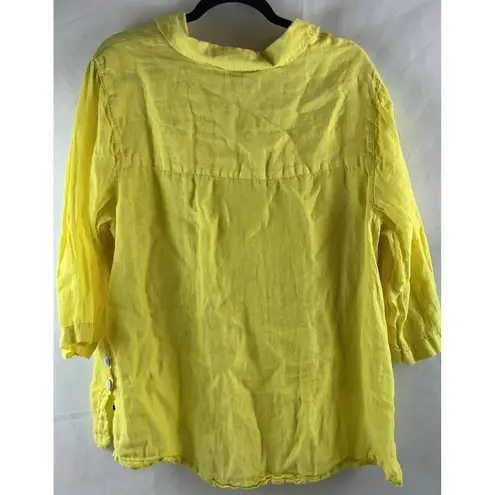 Tahari Linen Top Blouse Button Detail 3/4 Sleeve Yellow Womens 1X