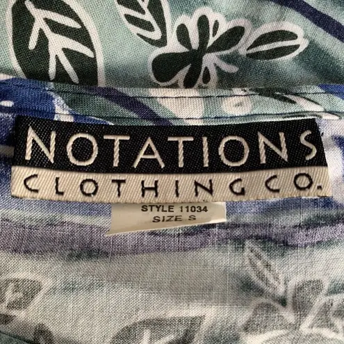 Vintage 90s Top Blue Green Floral Leaf Print Button Up Short Sleeve Shirt Small