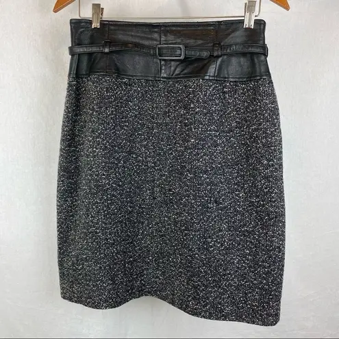 Anne Klein  Black & Gray Wool Woven Knot Leather Belted Waistband Skirt 10