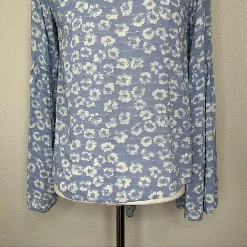 Everly  Floral Blue Front Tie Swiss Dot Flared Sleeves Top