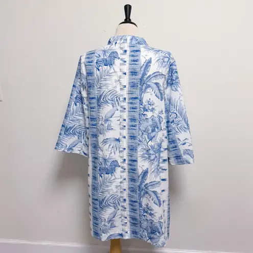Tuckernuck Blue White Safari Toile 3/4 Sleeve Tie Neck A Line Mini Dress Large