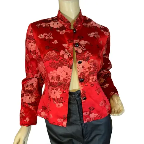 MSK PETITE RED & BLACK FLORAL MANDARIN COLLAR Y2K SILK BLOUSE (SP)