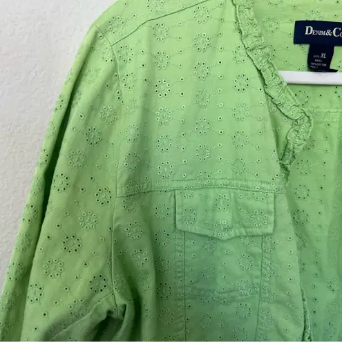 Denim & Co. Eyelet Jacket Lightweight Spring Summer Green XL Spring Cotton