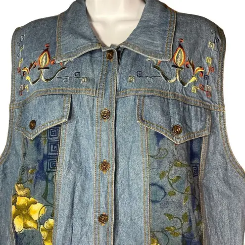 Vintage Saint Germain Paris Flower Print Denim Vest Size Large Blue