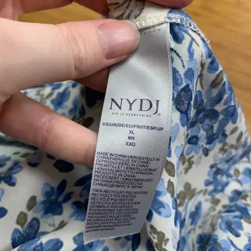 NYDJ Womens Blouse Size XL Cream Blue Floral V-Neck 3/4 Sleeve Button Front Top