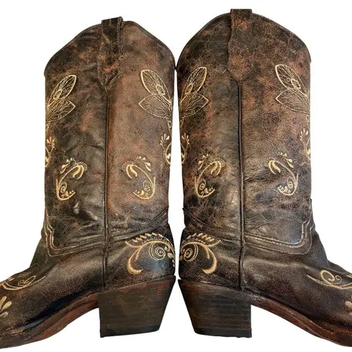 Circle G Distressed Bone Dragonfly Embroidered Snip Toe Boots, Sz 10.5