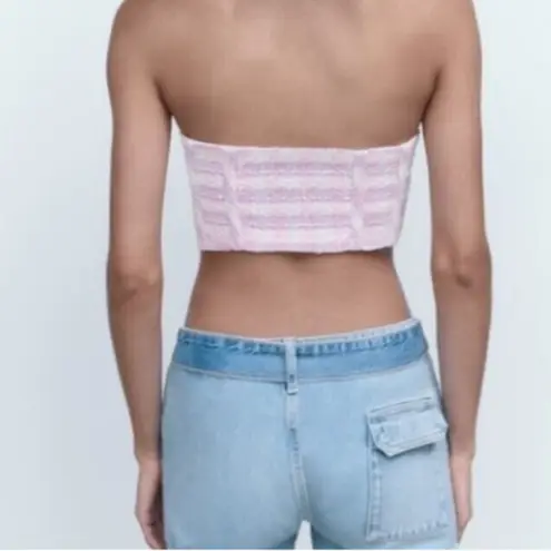 ZARA  Tweed Bustier Tube Top Pink Purple Size S Cropped Sweetheart Neckline
