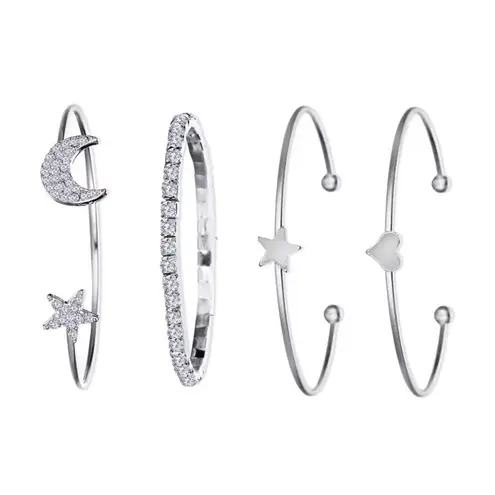Boutique Silver Bangle Bracelet Set Crystal Star Moon Heart Charm Stackable Jewelry