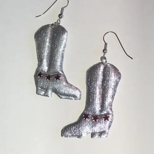 Silver Tone Fabric Cowboy Boot Earrings with Red Stars