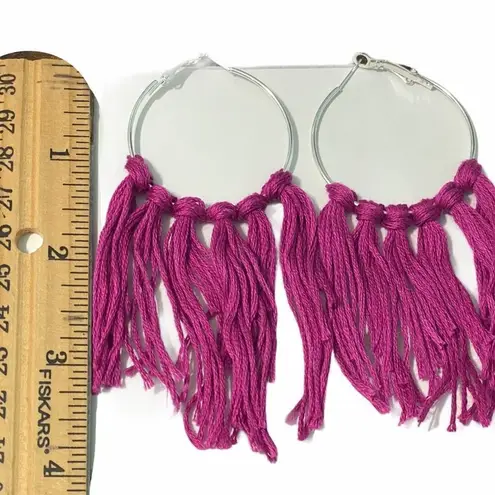 None Boho Fringe Tassel Hoop Earrings Silver Tone Magenta Purple Big Statement Large