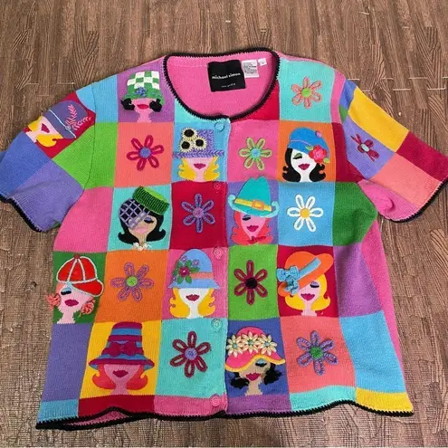 Michael Simon Vintage Embroidered Patchwork 3D faces hats cardigan top size L Pink Size L - Image 2