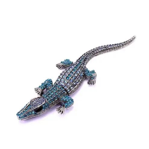 Vintage Art Deco Style Blue Crystal Large Crocodile Alligator Brooch Pin