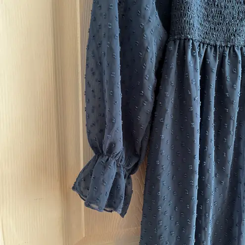 Navy Blue Swiss Dot Midi Dress Tie Back Square Neck Long Sleeve Ruffle Hem 0