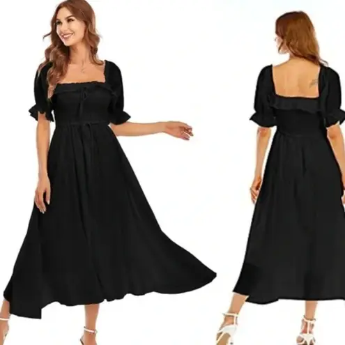 R.Yiposha Vintage Elastic Square Neck Ruffled Half Sleeve Flowy Maxi Dress XL Black