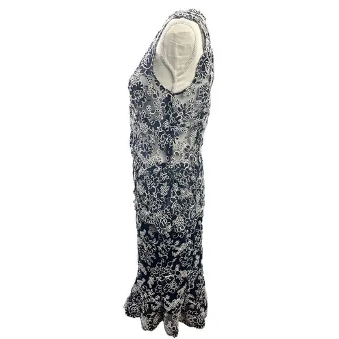 Monique Lhuillier ML Navy Floral Lace Sheath Midi Skirt Sheer V Neck Top Size 10