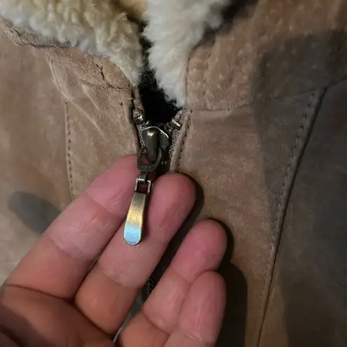 Washable Suede Leather Coat Faux Fur Lining Penny Lane Jacket Pockets Warm Large Tan